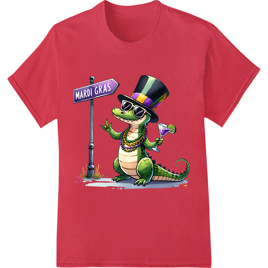 Festive Mardi Gras Alligator DTF Print | Cajun Celebration on red shirt - SUPERDTF-DTF Prints-DTF Transfers-Custom DTF Prints