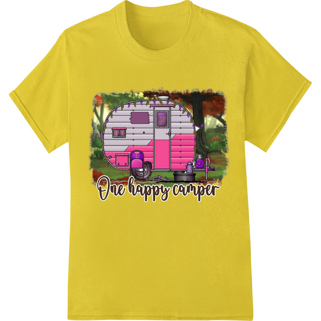 Vintage 'One Happy Camper' DTF Print for Nature Lovers on yellow shirt - SUPERDTF-DTF Prints-DTF Transfers-Custom DTF Prints