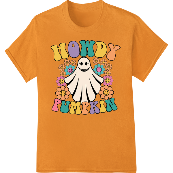 Adorable Halloween Ghost with Flowers - Howdy Pumpkin on orange shirt - SUPERDTF-DTF Prints-DTF Transfers-Custom DTF Prints