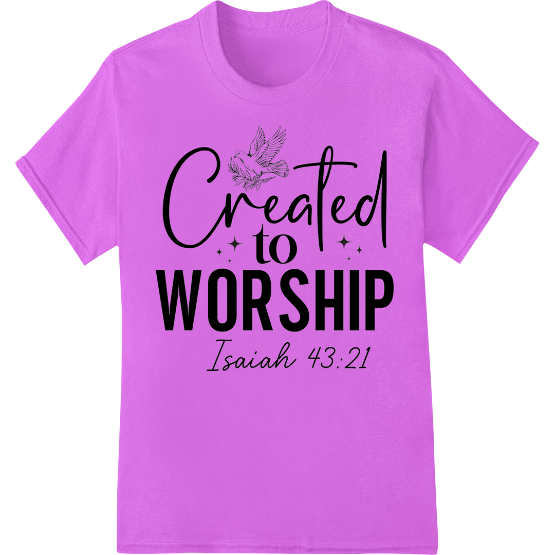 Inspire Worship with 'Created to Worship' Isaiah 43:21 DTF Print on purple shirt - SUPERDTF-DTF Prints-DTF Transfers-Custom DTF Prints