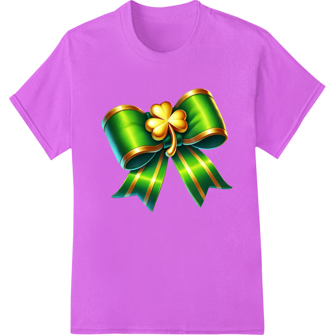 Lucky Charm: Vibrant St. Patrick's Day Green & Gold Bow on purple shirt - SUPERDTF-DTF Prints-DTF Transfers-Custom DTF Prints