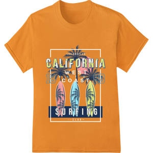 Cutting-edge DTF heat transfers featured on Ride the Waves: Bold California Surfing Print