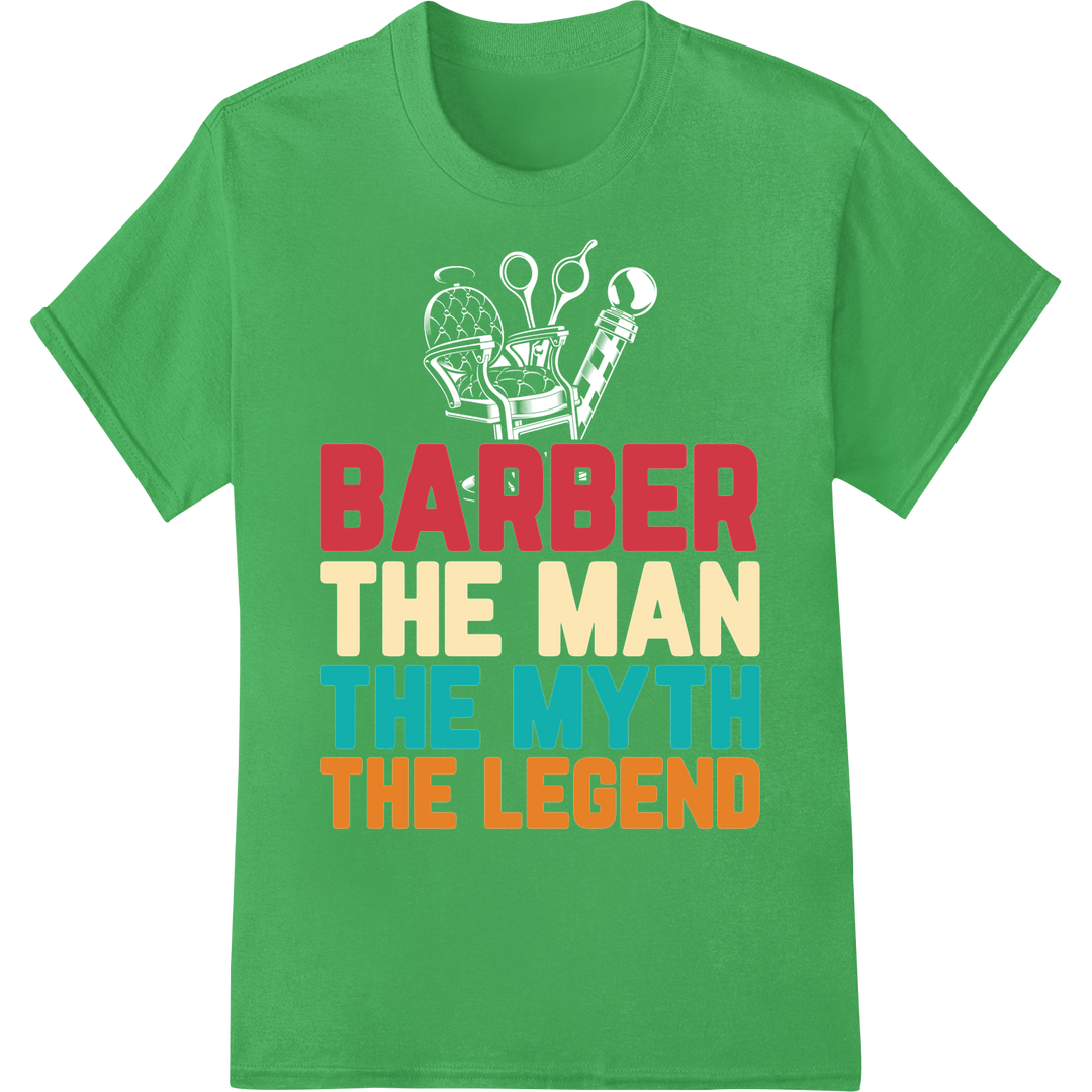 Legendary Barber DTF Print Heat Transfer - Bold Red Design on green shirt - SUPERDTF-DTF Prints-DTF Transfers-Custom DTF Prints