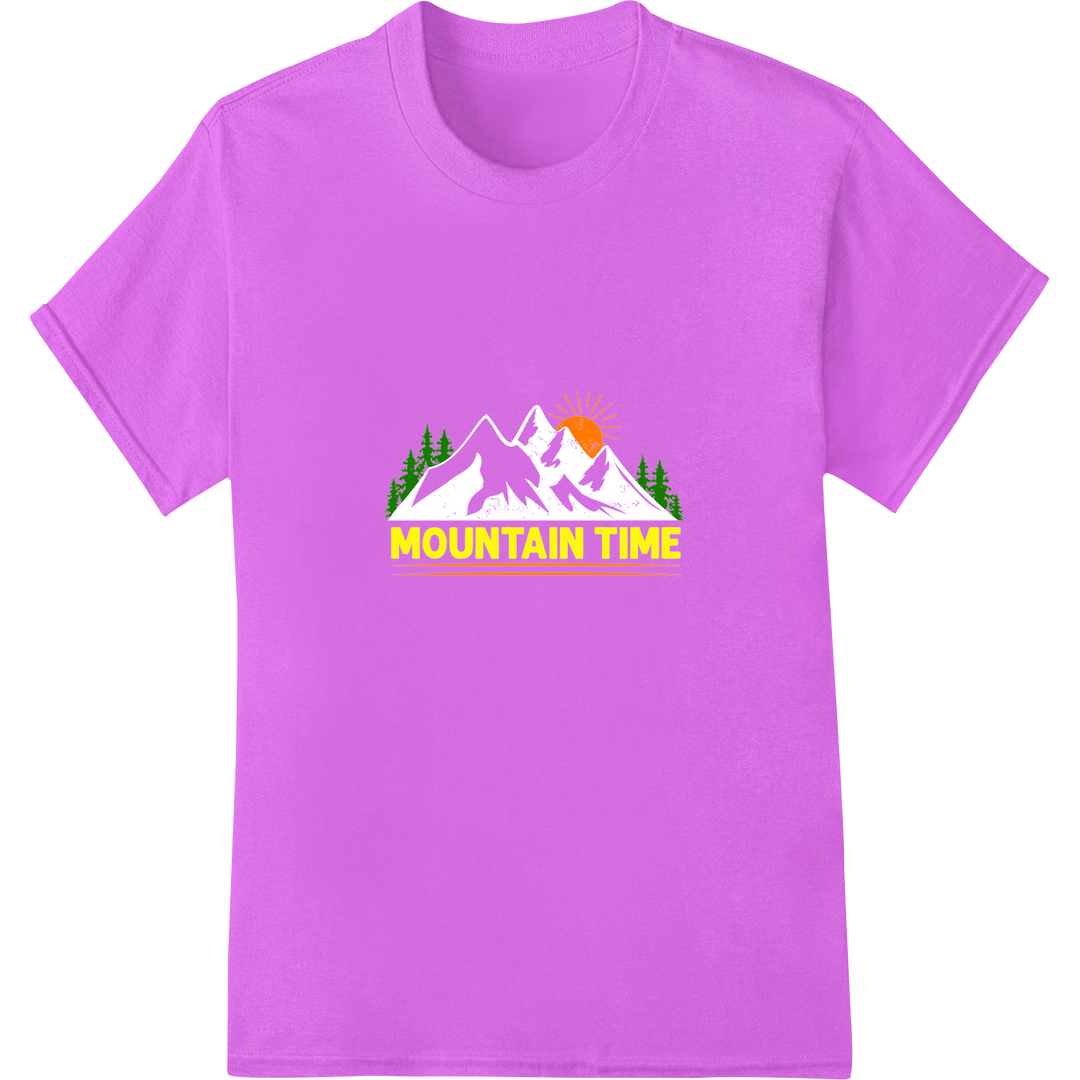 Embrace Adventure with 'MOUNTAIN TIME' DTF Print Heat Transfer on purple shirt - SUPERDTF-DTF Prints-DTF Transfers-Custom DTF Prints