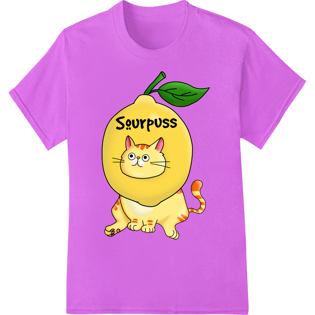 Hilarious 'Sourpuss Cat' DTF Print Heat Transfer | Funny on purple shirt - SUPERDTF-DTF Prints-DTF Transfers-Custom DTF Prints