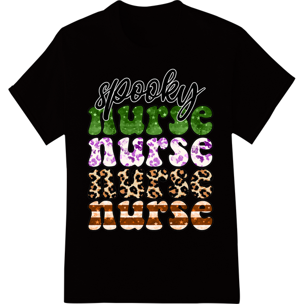 Spooky Nurse Halloween Leopard Print Heat Transfer on black shirt - SUPERDTF-DTF Prints-DTF Transfers-Custom DTF Prints