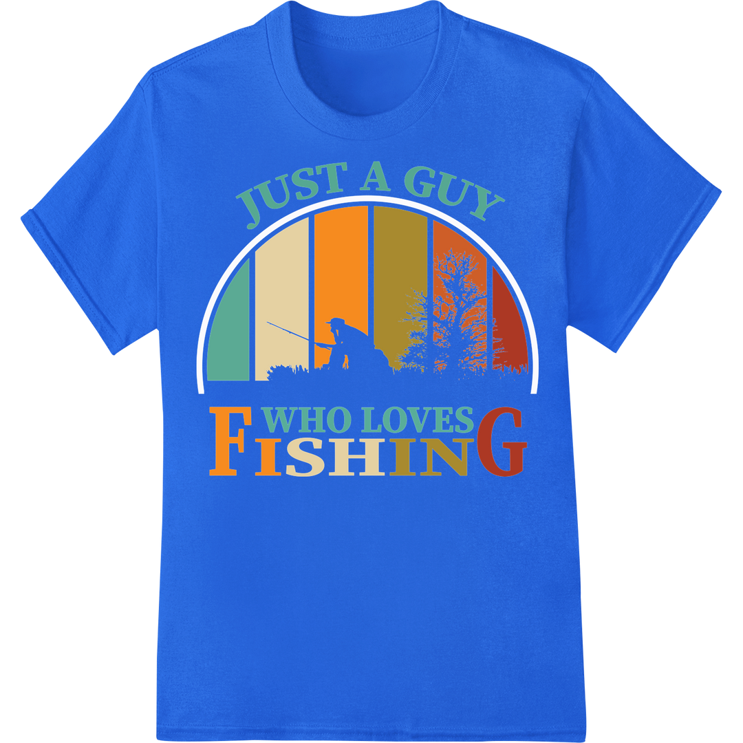 Reel In Style: Just A Guy Who Loves Fishing DTF Print on blue shirt - SUPERDTF-DTF Prints-DTF Transfers-Custom DTF Prints