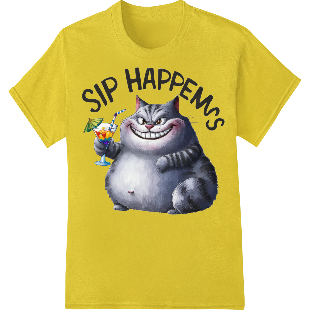 Sip Happens: Hilarious Cat Pun DTF Print Heat Transfer on yellow shirt - SUPERDTF-DTF Prints-DTF Transfers-Custom DTF Prints