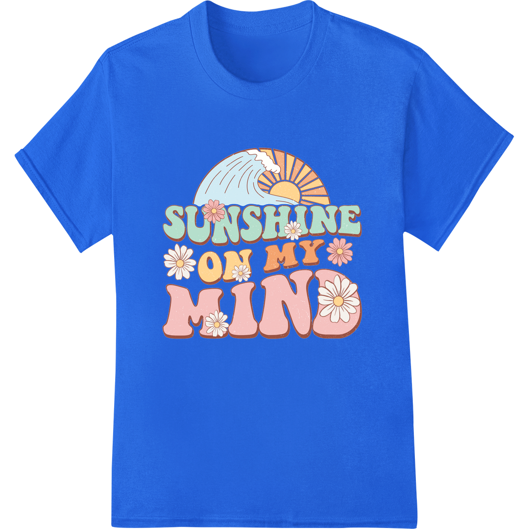 Retro 'Sunshine On My Mind' Summer Vibes DTF Print Transfer on blue shirt - SUPERDTF-DTF Prints-DTF Transfers-Custom DTF Prints