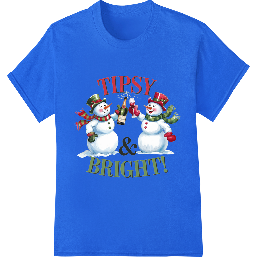 Tipsy & Bright: Festive Christmas Wine Snowmen DTF Print on blue shirt - SUPERDTF-DTF Prints-DTF Transfers-Custom DTF Prints