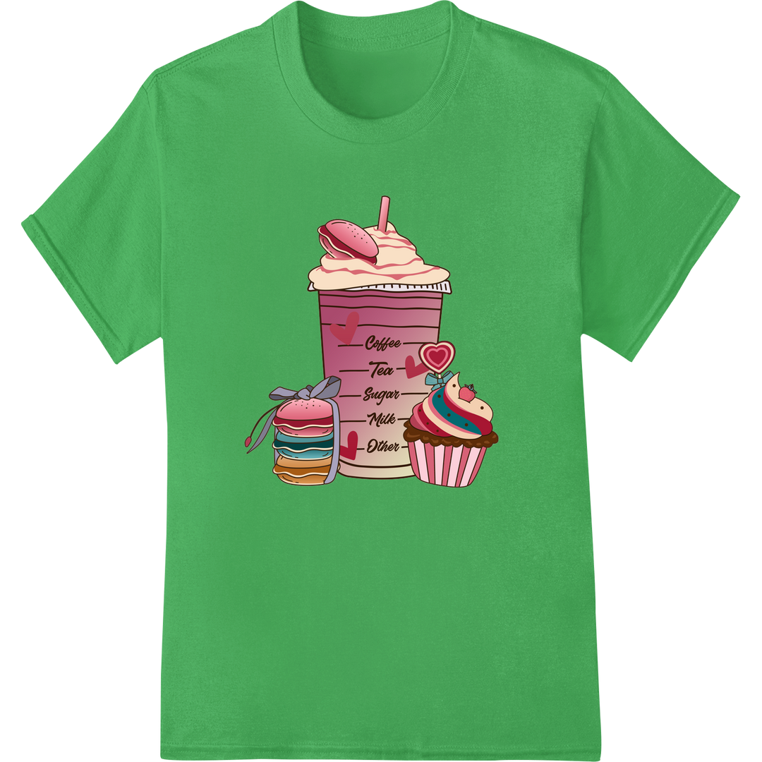 Sweeten Your Valentine's Day with Our 'Coffee Love' DTF Print on green shirt - SUPERDTF-DTF Prints-DTF Transfers-Custom DTF Prints