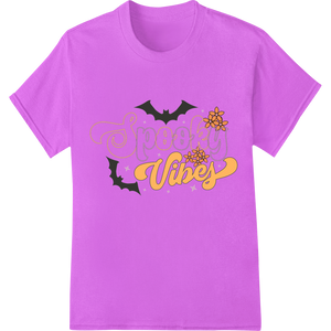 Spooky Vibes: Playful Halloween Bats & Text Design showcasing advanced apparel decoration technology