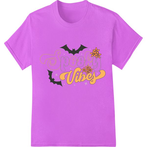 Spooky Vibes design featuring playful cartoon bats and text for Halloween custom apparel using Direct to Film printing method