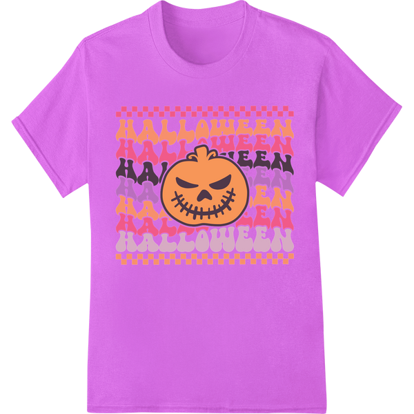 Wicked Halloween Pumpkin on Checkered Background enhanced with professional apparel decoration