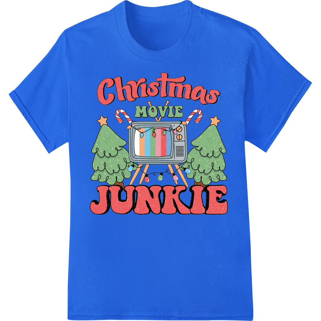 Retro Christmas Movie Junkie | Vintage TV Holiday DTF Print on blue shirt - SUPERDTF-DTF Prints-DTF Transfers-Custom DTF Prints