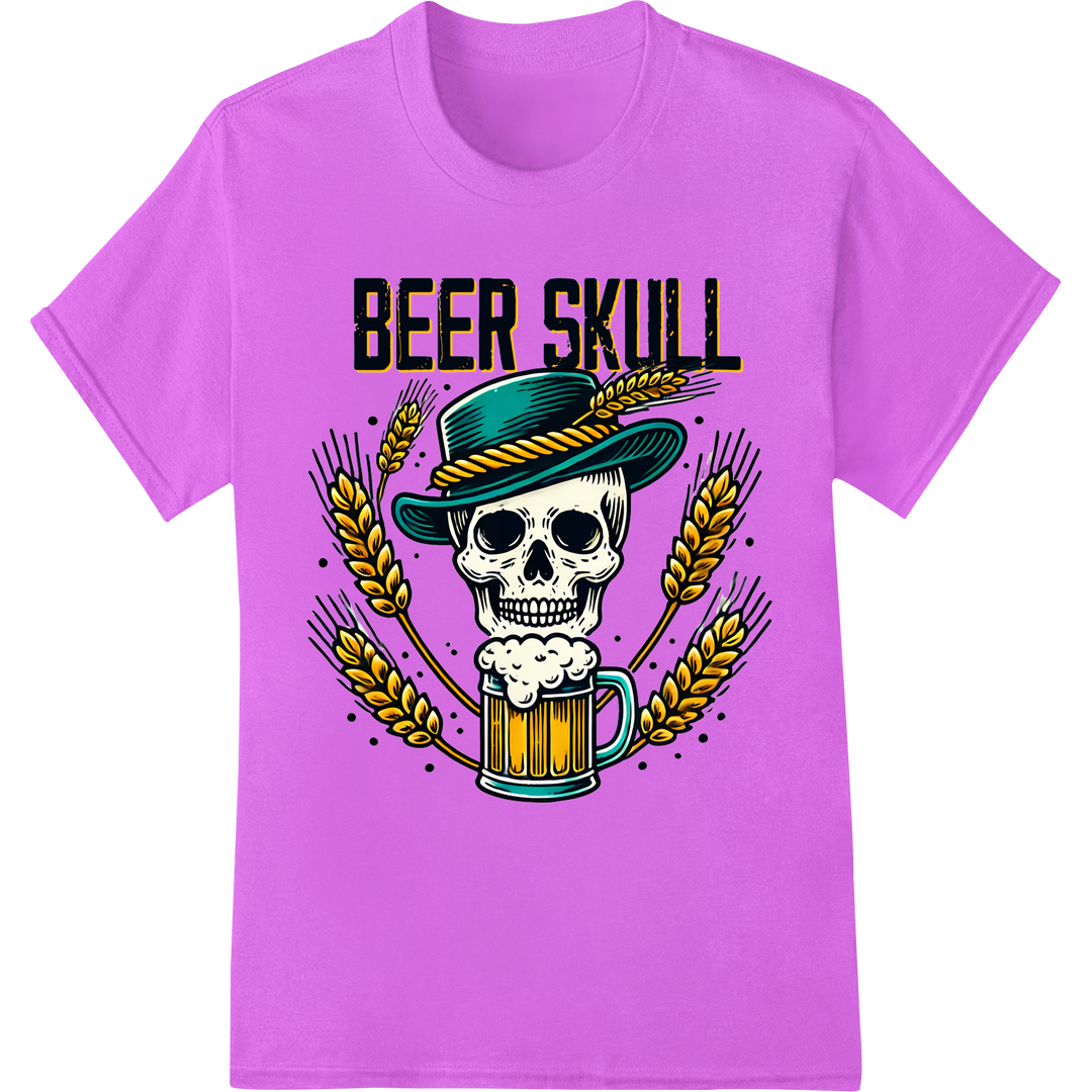 Raise a Toast: Beer Skull DTF Print for Oktoberfest Fun on purple shirt - SUPERDTF-DTF Prints-DTF Transfers-Custom DTF Prints