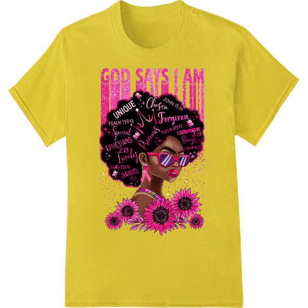 God Says I Am: Empowering Faith-Based Affirmations DTF Print on yellow shirt - SUPERDTF-DTF Prints-DTF Transfers-Custom DTF Prints