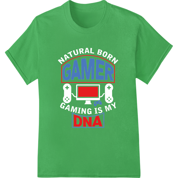 Retro Gamer DNA: Level Up Your Style with DTF Print on green shirt - SUPERDTF-DTF Prints-DTF Transfers-Custom DTF Prints