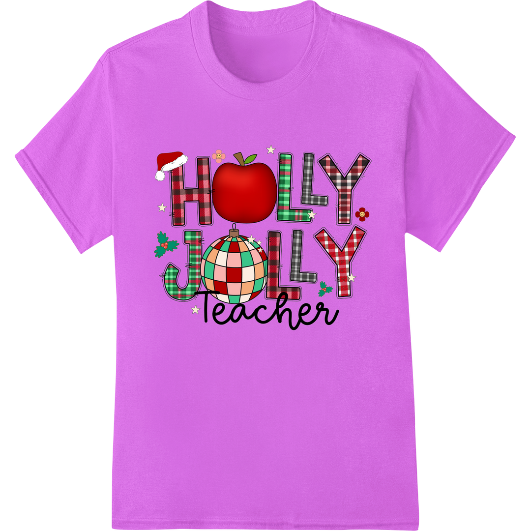 Holly Jolly Teacher: Festive DTF Print Heat Transfer on purple shirt - SUPERDTF-DTF Prints-DTF Transfers-Custom DTF Prints