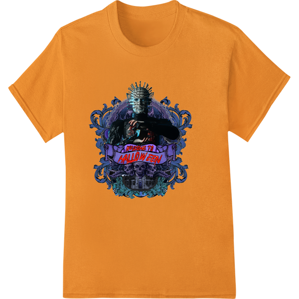 Spooky DTF heat transfer print design featuring a haunted house, ghosts, and jack-o-lanterns, perfect for Halloween t-shirts.