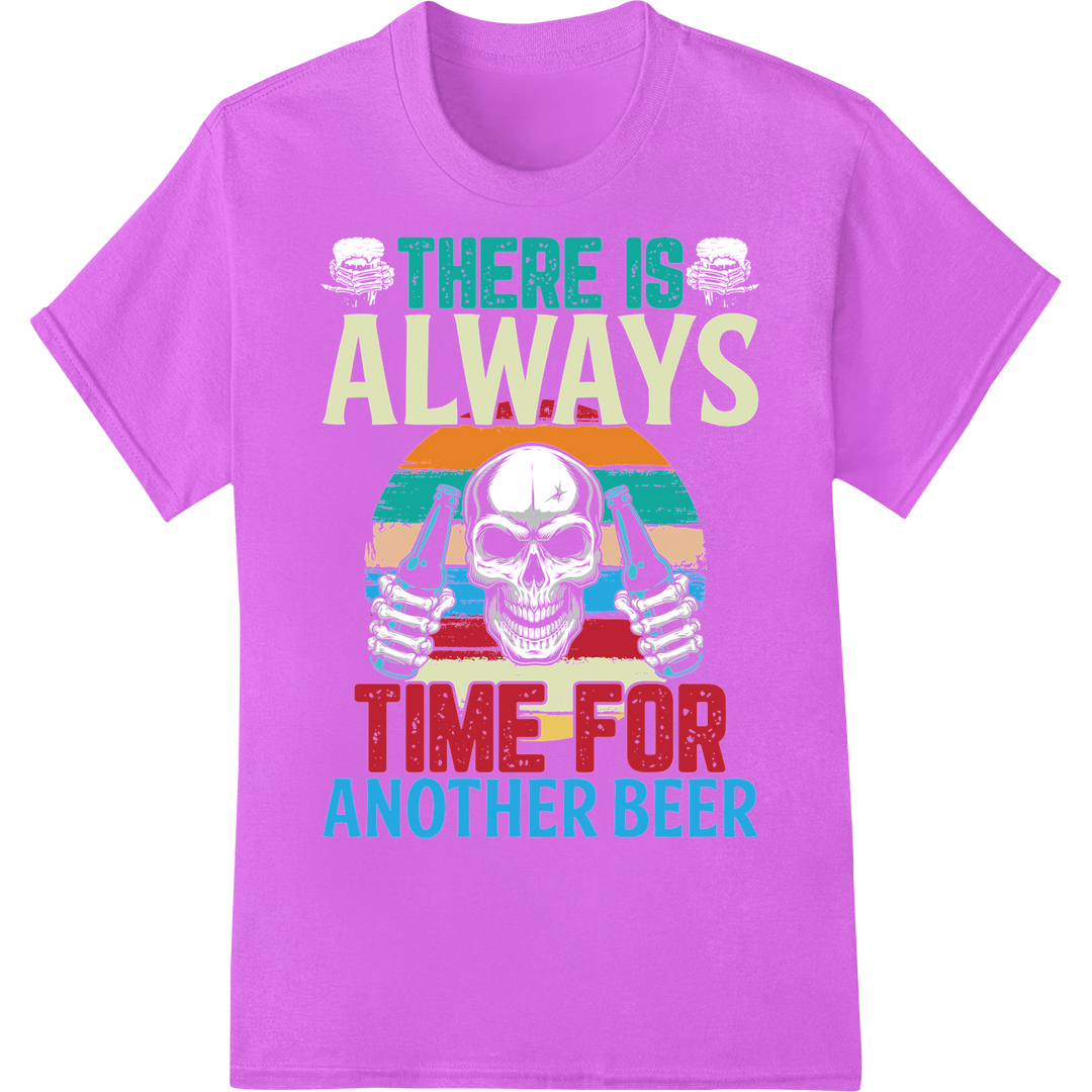 Wise Skull Says Time for Another Beer | DTF Print Transfer on purple shirt - SUPERDTF-DTF Prints-DTF Transfers-Custom DTF Prints