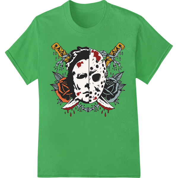 Split horror hockey mask skull design featuring a cracked skull mask with blood-red accents - a terrifying DTF print...