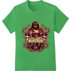 Cutting-edge custom apparel featured on Haunting Halloween: Creepy Doll DTF Heat Transfer Design