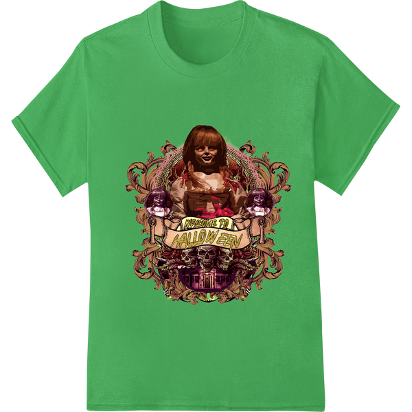 Haunting Halloween: Creepy Doll DTF Heat Transfer Design on green shirt - SUPERDTF-DTF Prints-DTF Transfers-Custom DTF Prints