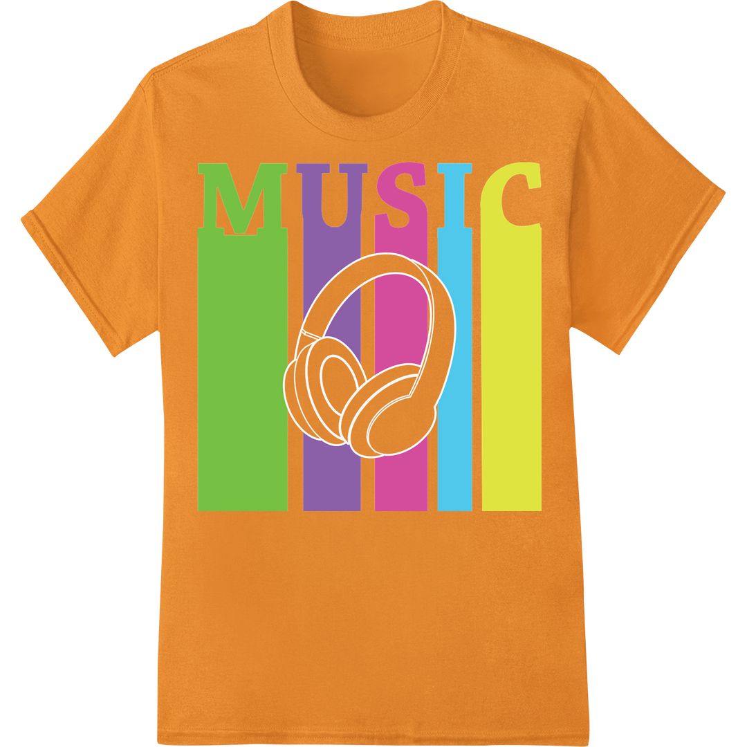 Vibrant 90s 'Music' DTF Print Heat Transfer | Retro Headphones on orange shirt - SUPERDTF-DTF Prints-DTF Transfers-Custom DTF Prints