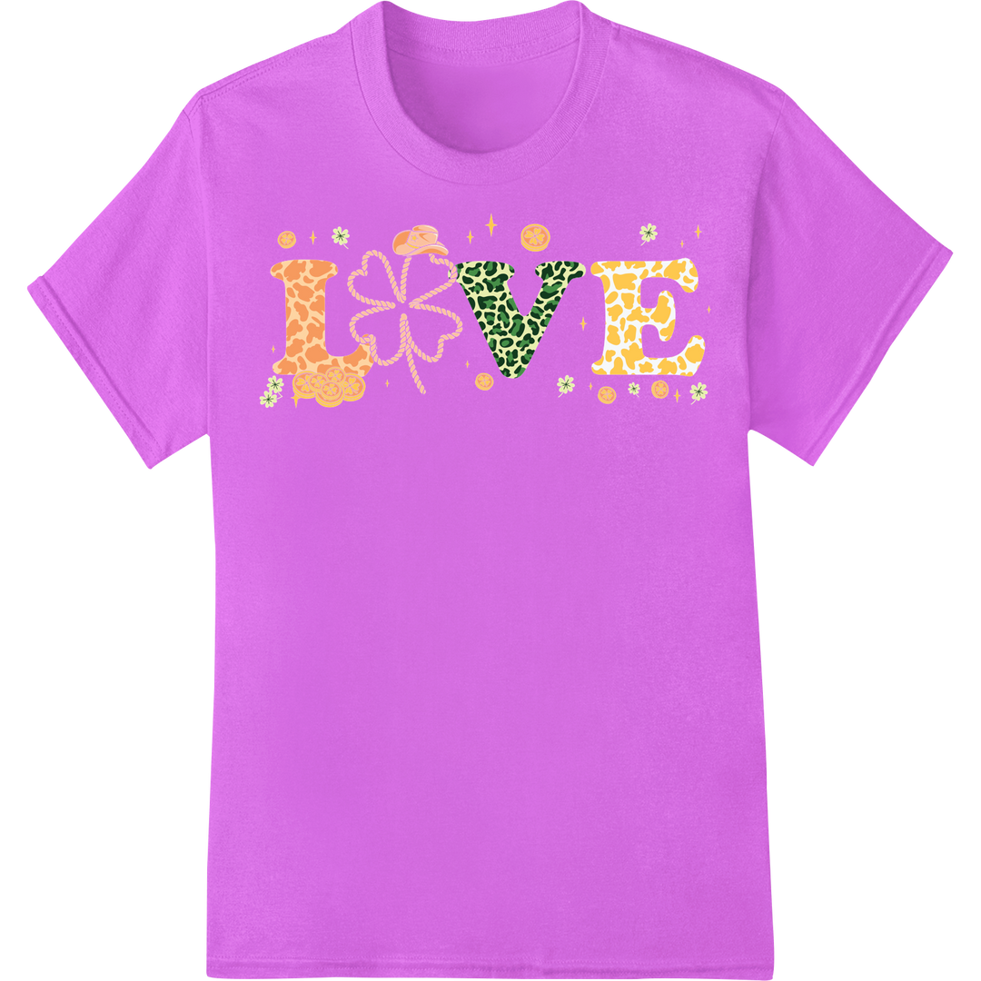 Festive St. Patrick's Day Western LOVE DTF Print Transfer on purple shirt - SUPERDTF-DTF Prints-DTF Transfers-Custom DTF Prints