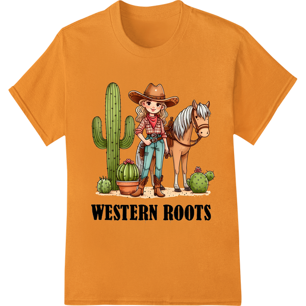 Rustic Western Roots: Cute Cowgirl & Horse DTF Print Transfer on orange shirt - SUPERDTF-DTF Prints-DTF Transfers-Custom DTF Prints