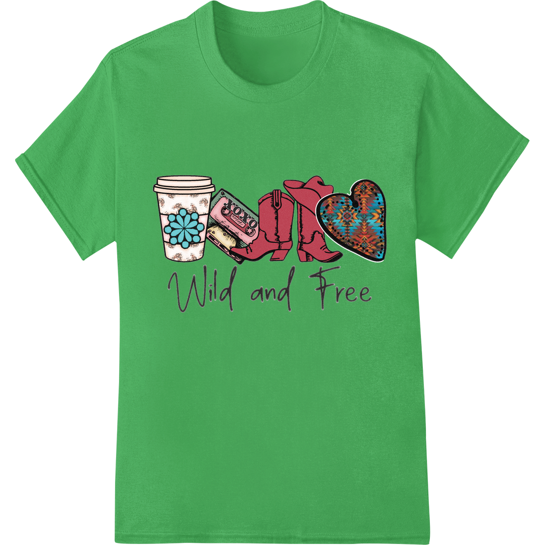 Wild & Free Valentine's Coffee - Vibrant DTF Print Design on green shirt - SUPERDTF-DTF Prints-DTF Transfers-Custom DTF Prints