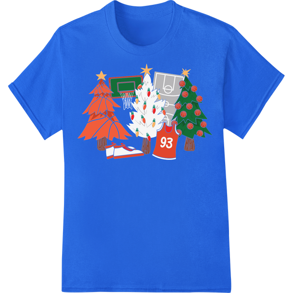 Festive Basketball Christmas DTF Heat Transfer Print Design on blue shirt - SUPERDTF-DTF Prints-DTF Transfers-Custom DTF Prints