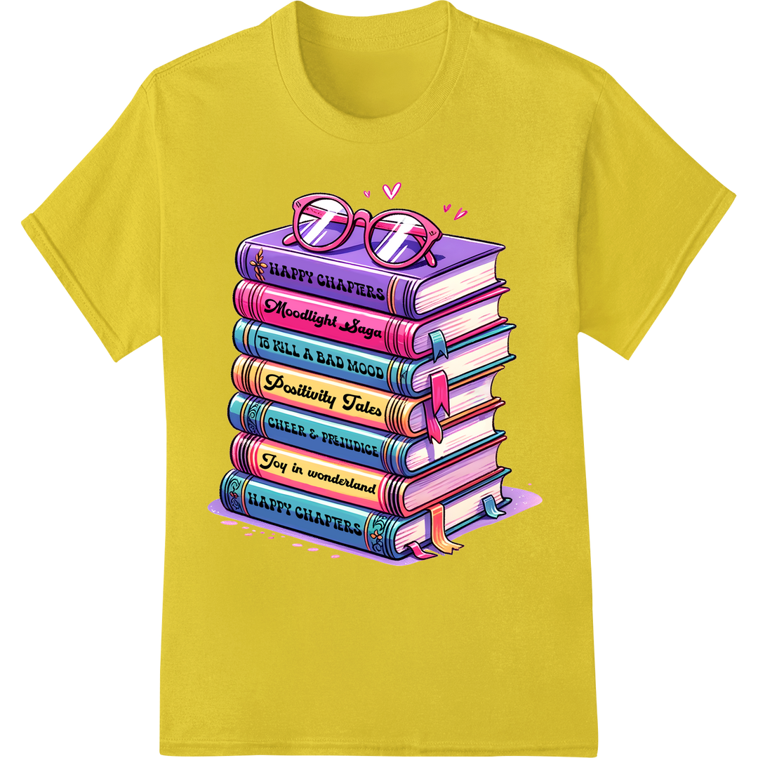 Vibrant Book Stack DTF Print Heat Transfer for Readers on yellow shirt - SUPERDTF-DTF Prints-DTF Transfers-Custom DTF Prints