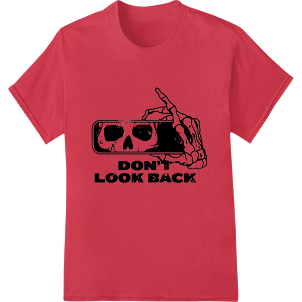 Edgy 'Don't Look Back' Skull DTF Print Heat Transfer on red shirt - SUPERDTF-DTF Prints-DTF Transfers-Custom DTF Prints