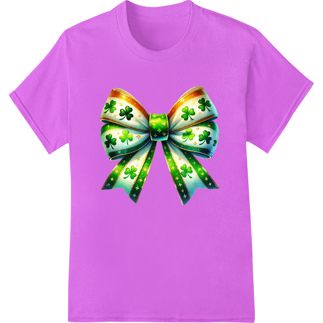 Festive St. Patrick's Day Clover Bow DTF Print Transfer on purple shirt - SUPERDTF-DTF Prints-DTF Transfers-Custom DTF Prints