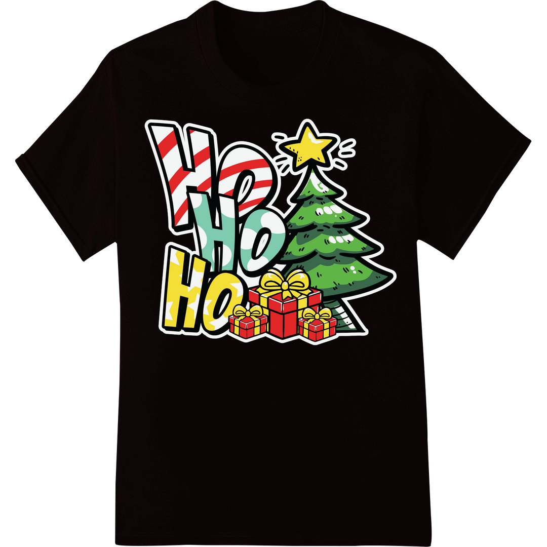 Retro Ho Ho Ho: Groovy Christmas Heat Transfer Print on black shirt - SUPERDTF-DTF Prints-DTF Transfers-Custom DTF Prints