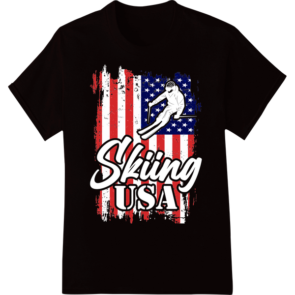 Patriotic Skier: American Flag Winter Sports DTF Print on black shirt - SUPERDTF-DTF Prints-DTF Transfers-Custom DTF Prints