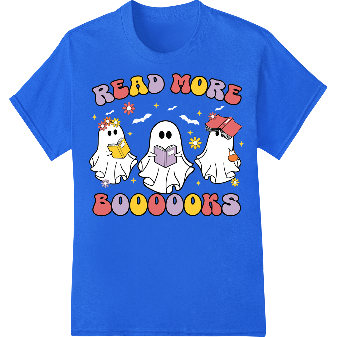 Adorable Book-Loving Ghosts Inspire Reading | DTF Print on blue shirt - SUPERDTF-DTF Prints-DTF Transfers-Custom DTF Prints