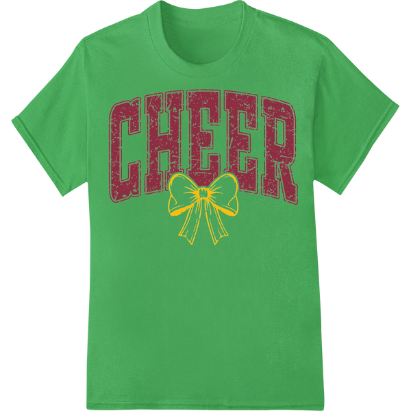 Vintage Distressed Cheer Design with Yellow Bow Accent on green shirt - SUPERDTF-DTF Prints-DTF Transfers-Custom DTF Prints