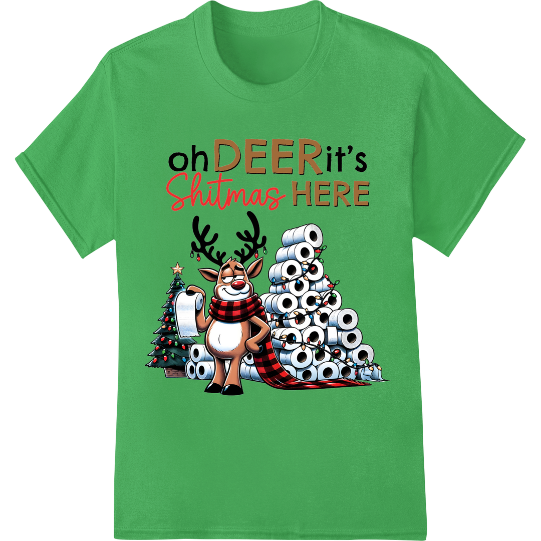 Reindeer Toilet Paper Trouble | Funny Christmas Pun Shirt on green shirt - SUPERDTF-DTF Prints-DTF Transfers-Custom DTF Prints