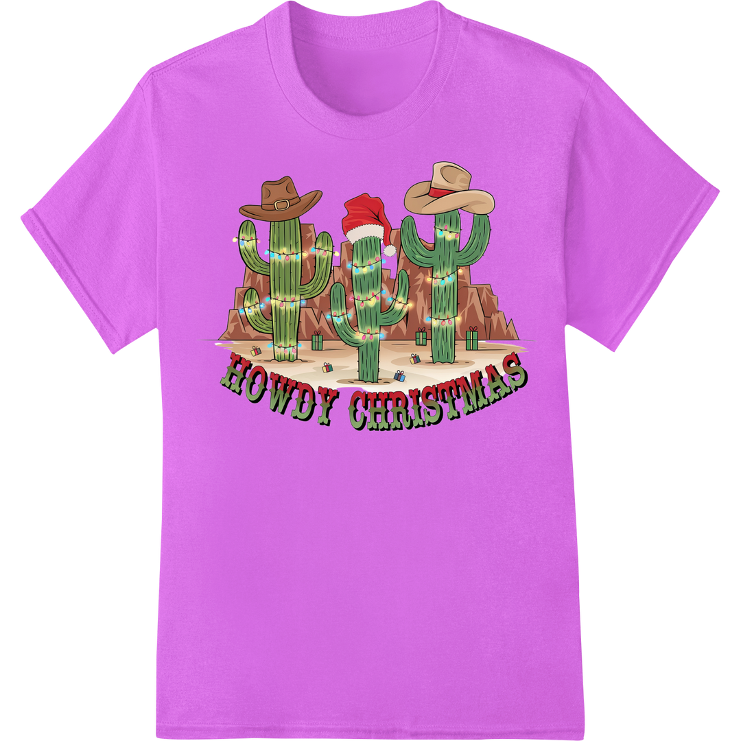 Howdy Christmas Cactus Western DTF Print Heat Transfer on purple shirt - SUPERDTF-DTF Prints-DTF Transfers-Custom DTF Prints