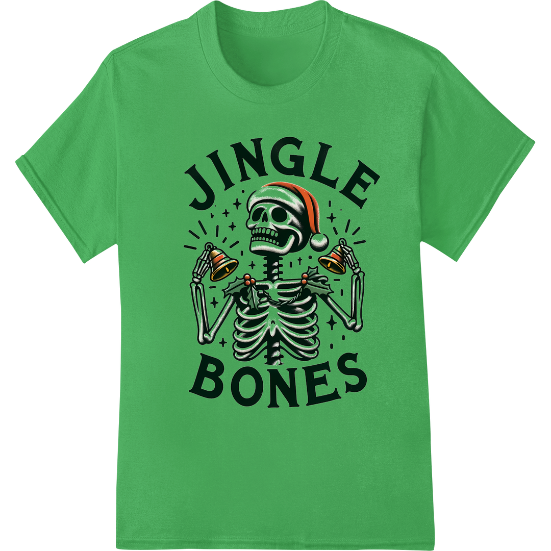 Rockin' Around the Graveyard: Jingle Bones DTF Print on green shirt - SUPERDTF-DTF Prints-DTF Transfers-Custom DTF Prints