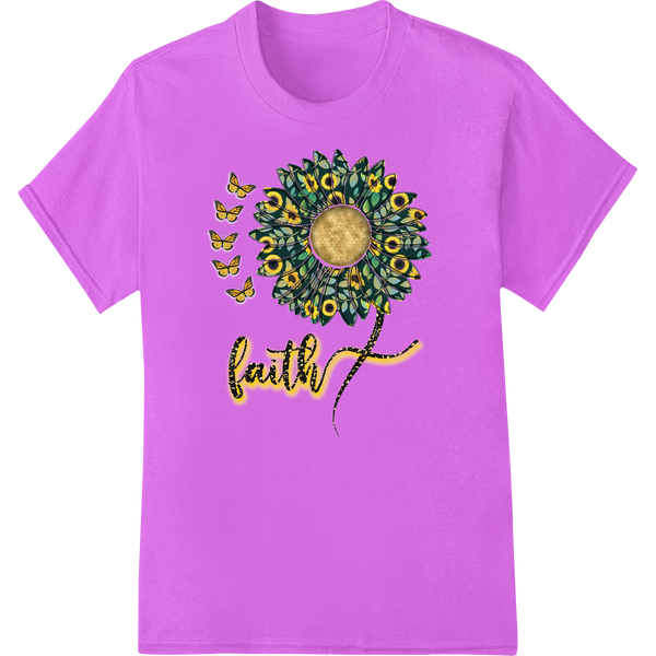 Colorful peacock feather and sunflower design with the word 'Faith' in a stylized font, printed using DTF or Direct to Film...