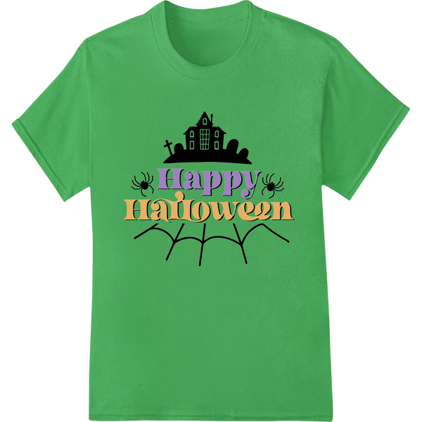 Spooky 'Happy Halloween' heat transfer design featuring a haunted house, bats, and creepy trees in orange and black colors.