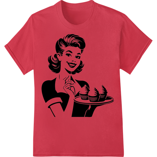 Retro Smiling 1950s Housewife with Cupcakes Graphic on red shirt - SUPERDTF-DTF Prints-DTF Transfers-Custom DTF Prints