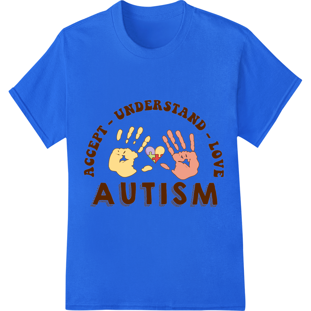 Autism Awareness: Accept, Understand, Love DTF Transfer Print on blue shirt - SUPERDTF-DTF Prints-DTF Transfers-Custom DTF Prints