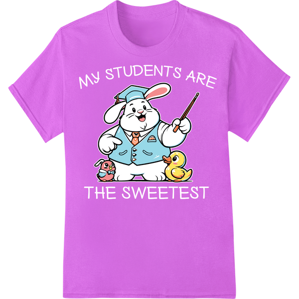 Adorable Teacher Bunny DTF Print for Easter Classroom Fun on purple shirt - SUPERDTF-DTF Prints-DTF Transfers-Custom DTF Prints