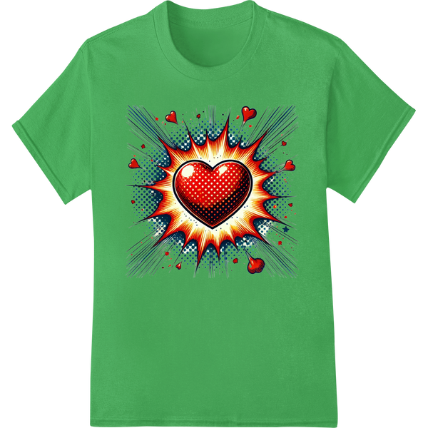 Explosive Love: Pop Art Heart DTF Print Heat Transfer on green shirt - SUPERDTF-DTF Prints-DTF Transfers-Custom DTF Prints