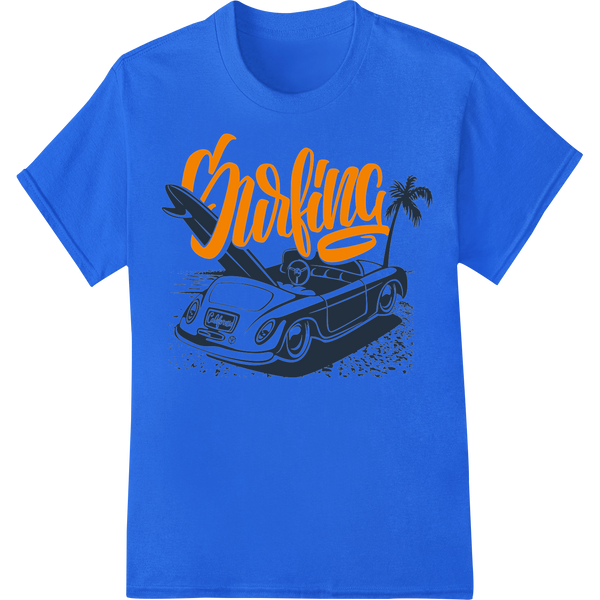 Vintage Surfing Vibes: Classic Car & Surfboard DTF Print on blue shirt - SUPERDTF-DTF Prints-DTF Transfers-Custom DTF Prints